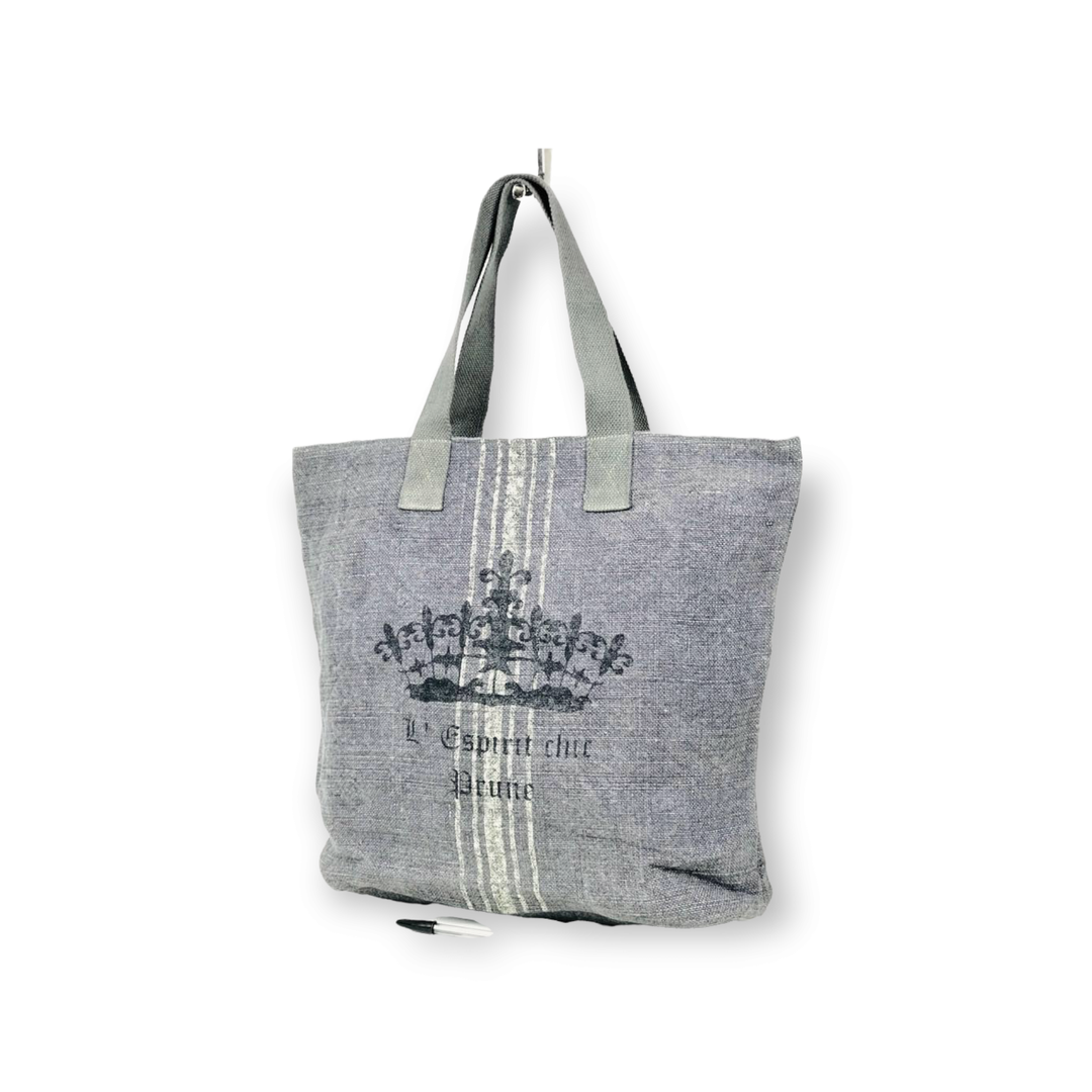 Bolso Tote de Lino con Dibujo de Corona y Forro Interior