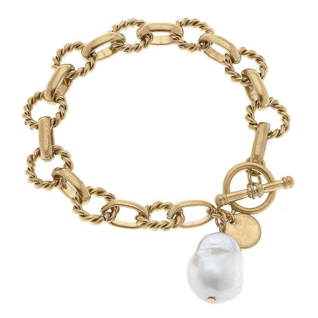 CANVAS Style - Fletcher Baroque Pearl & Twisted Metal T-Bar Bracelet in Worn Gold