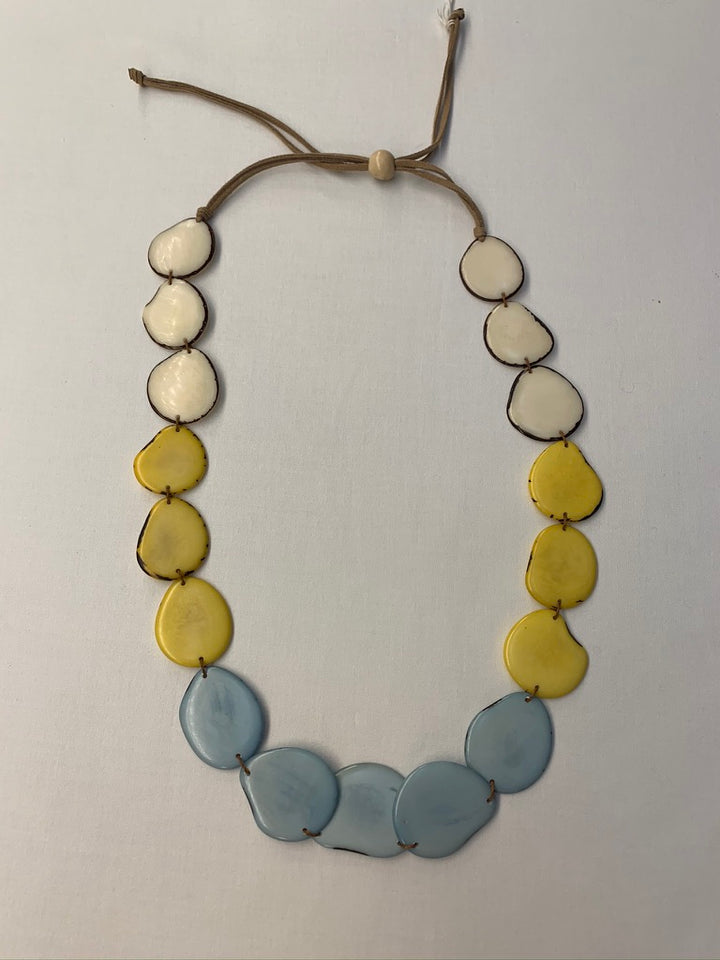 Tagua Organic Fair Trade Necklace in Cream, Yellow and Blue