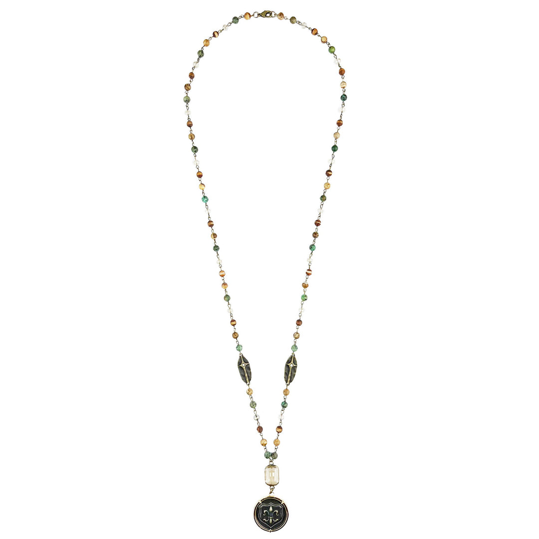 Long Neck Square Crystal and Coin Pendant