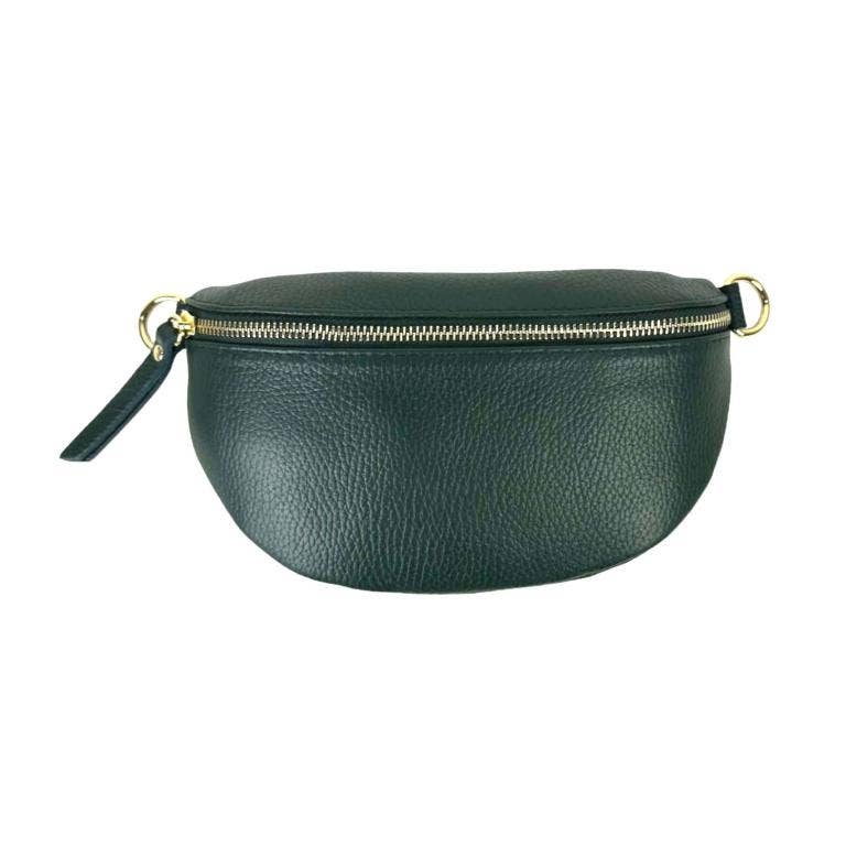 Italian Leather Waist Bag with Zipper: Bottle Green