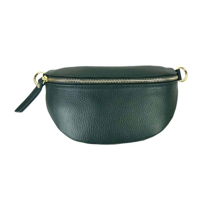 Italian Leather Waist Bag with Zipper: Bottle Green