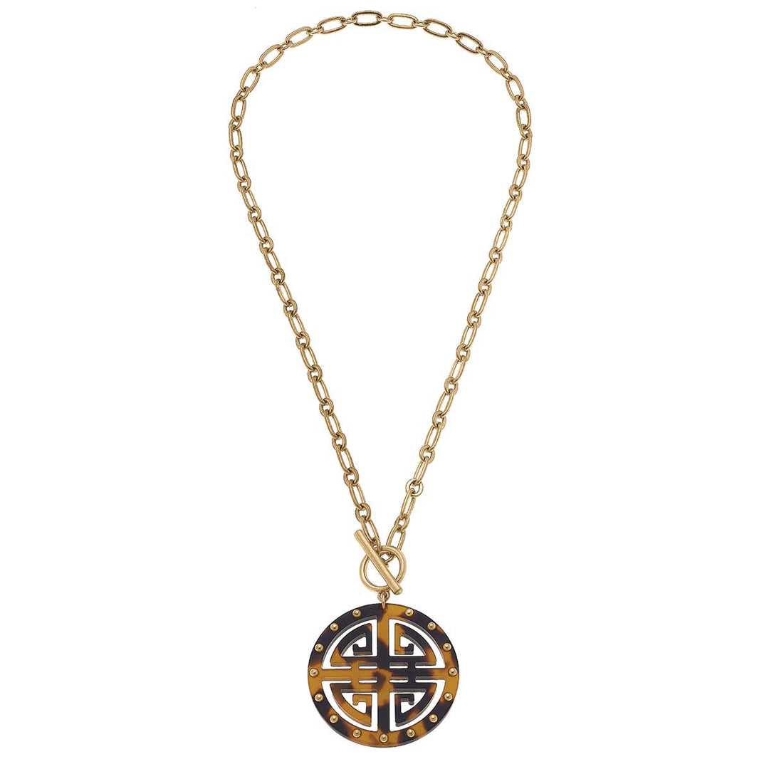 Tara Greek Keys Resin Pendant Necklace in Tortoise