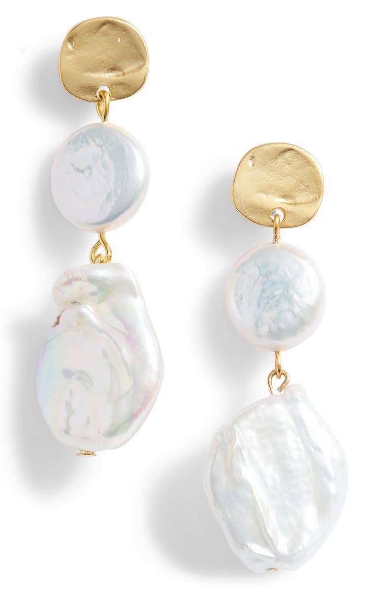 Genuine flat pearl linear drop earring