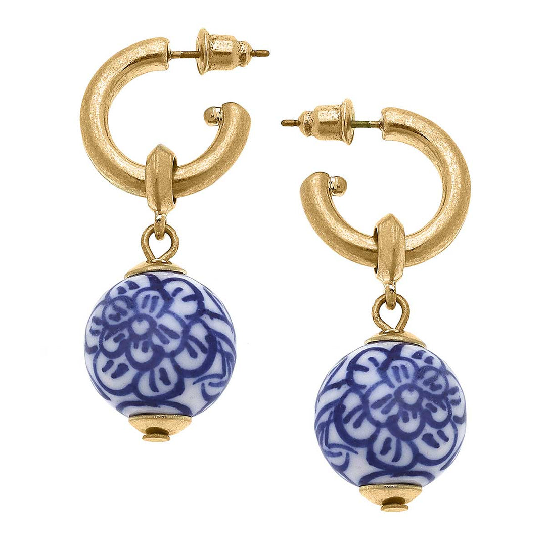 Chelsea Chinoiserie Drop Hoop Earrings in Blue & White