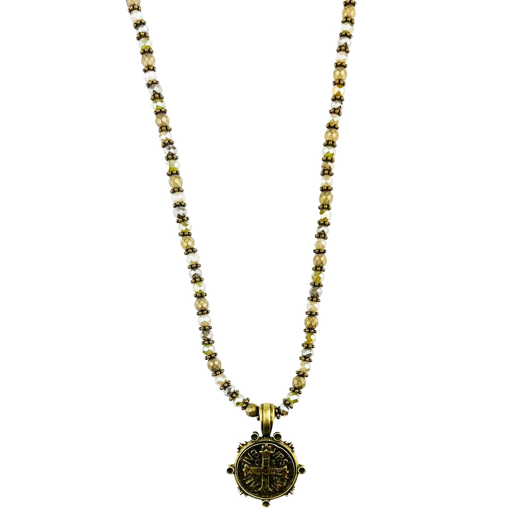 Long Beaded Necklace with Coin Cross Pendant