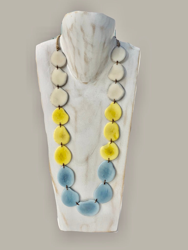 Tagua Organic Fair Trade Necklace in Cream, Yellow and Blue
