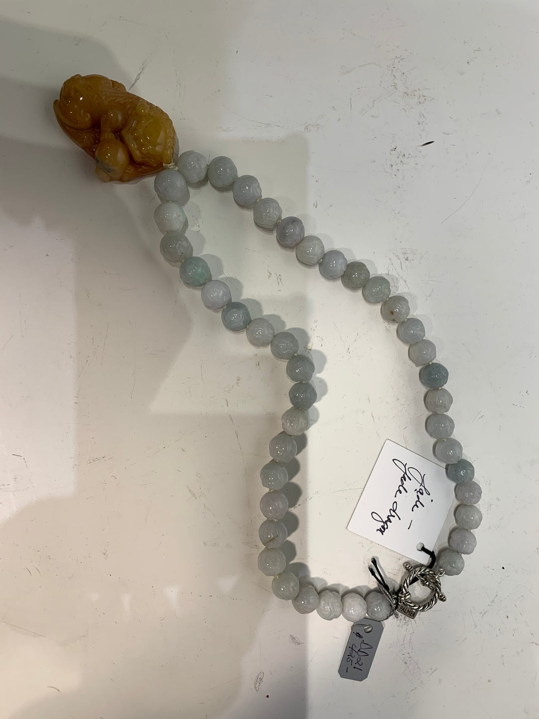 Semi Precious Polished Jade Beads with a Jade Dragon One of a Kind Necklace made in California