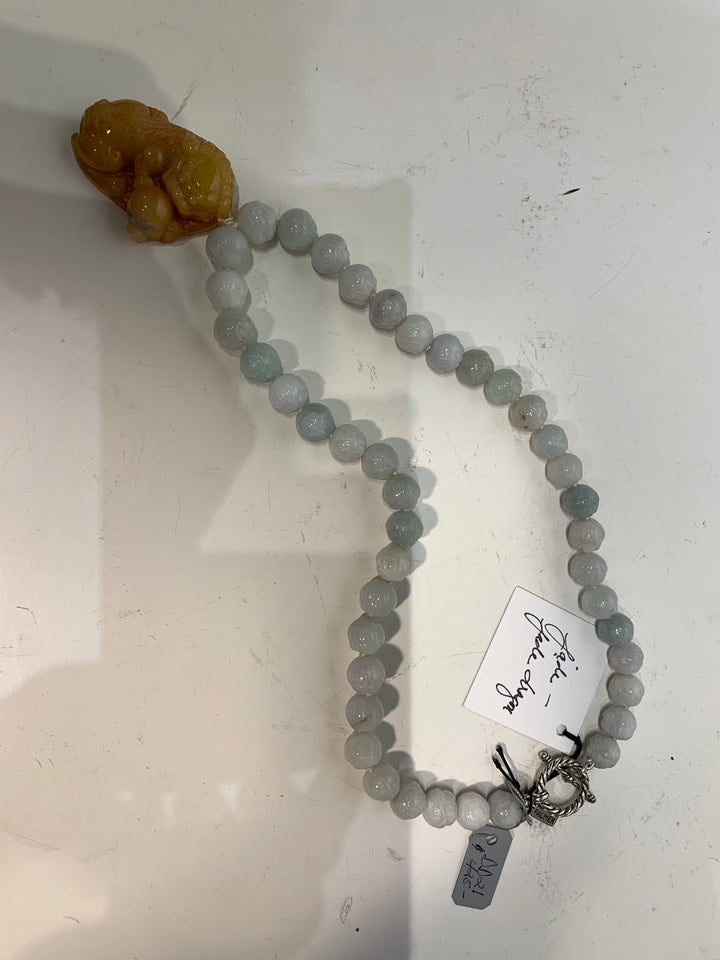 Semi Precious Polished Jade Beads with a Jade Dragon One of a Kind Necklace made in California