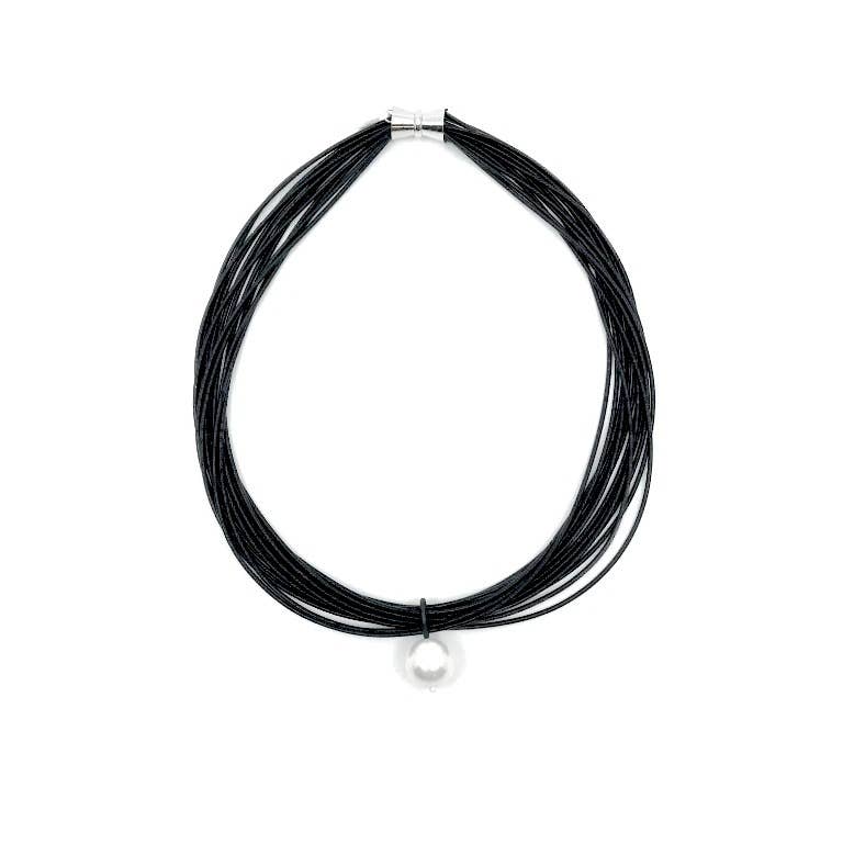 Sea Lily - 518 - Black Piano Wire with White Mop Pearl Drop Necklace