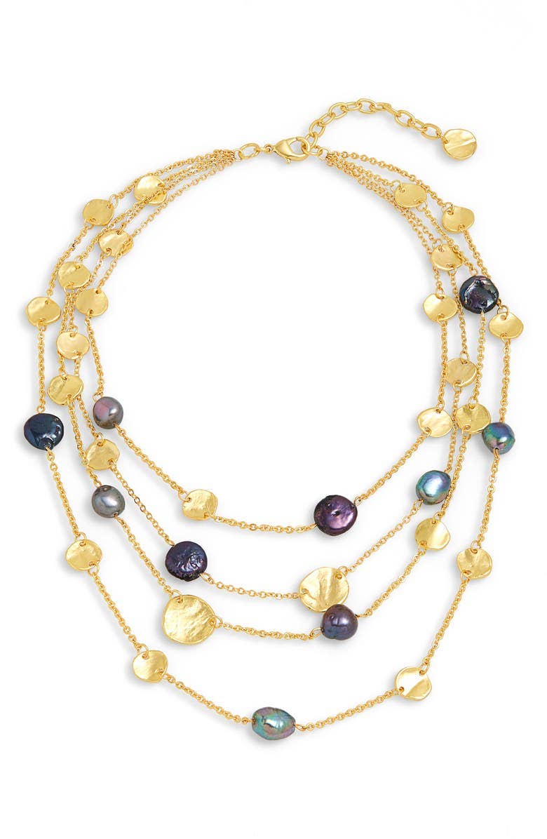 Coin and black pearl multi strand necklace