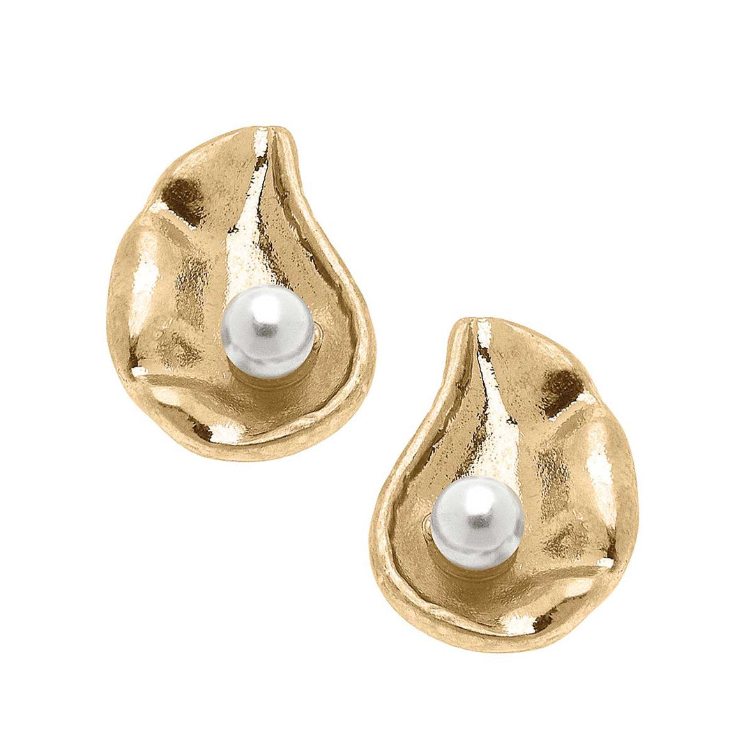 CANVAS Style - Oyster with Pearl Stud Earrings in Worn Gold