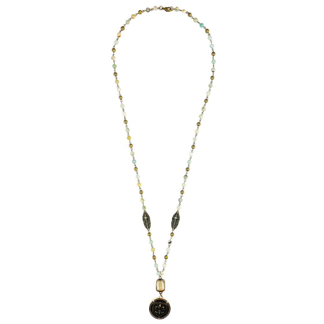 Long Neck with Square Crystal and Coin Pendant