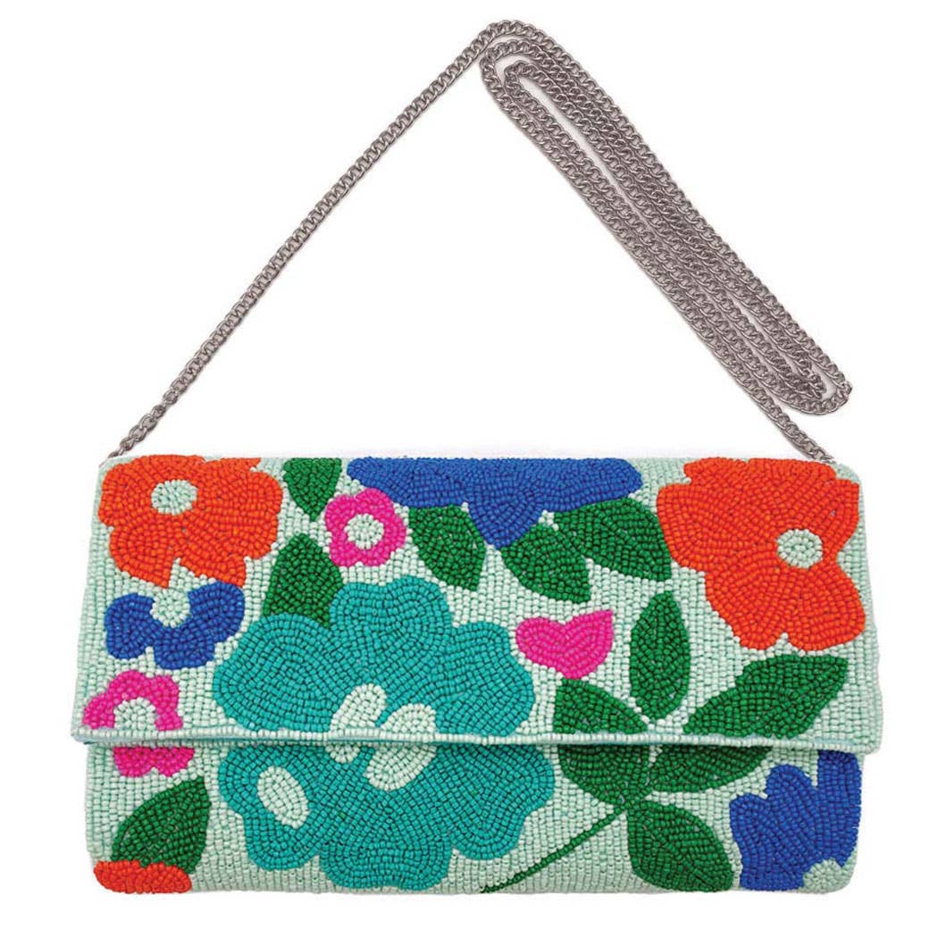 Fashion City - Seed Beaded Flower Designed Clutch with Chain