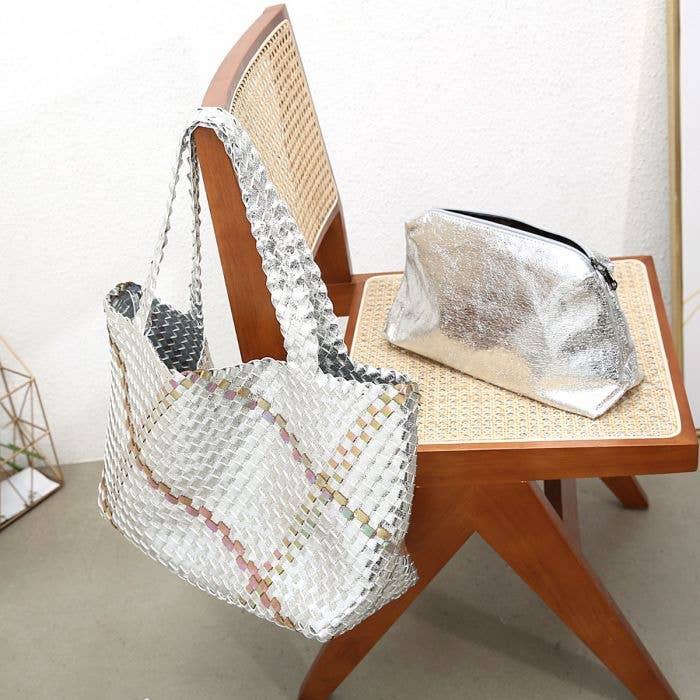 PEACH ACCESSORIES - 60262  Bag in Bag Large Weave tote bag: Silver