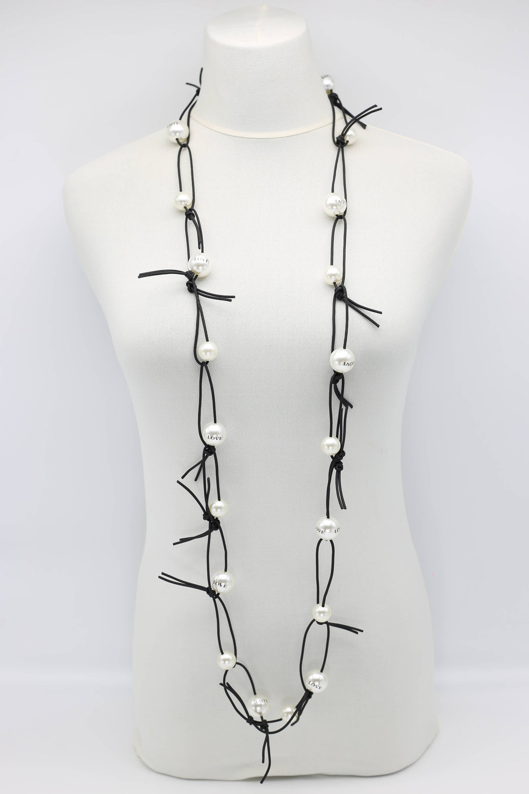 Jianhui London - White faux pearls with LOVE on black leatherette chain