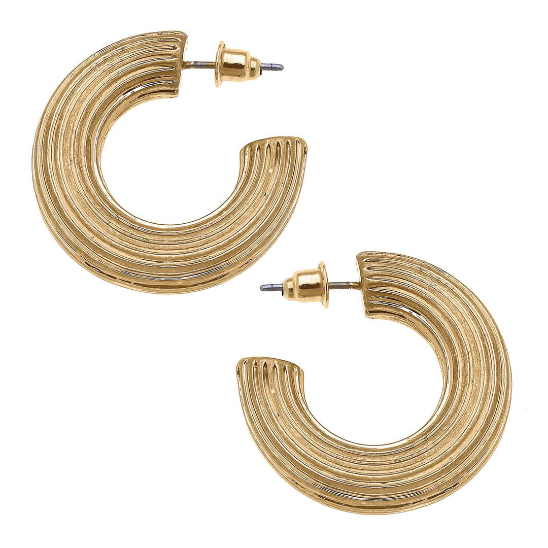 Lisette Ribbed Metal Hoop Earrings in Worn Gold