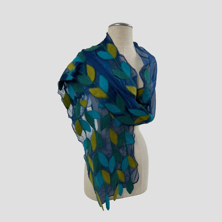 Leaf Merino Wool Handmade Felt Scarf: Gold-Green