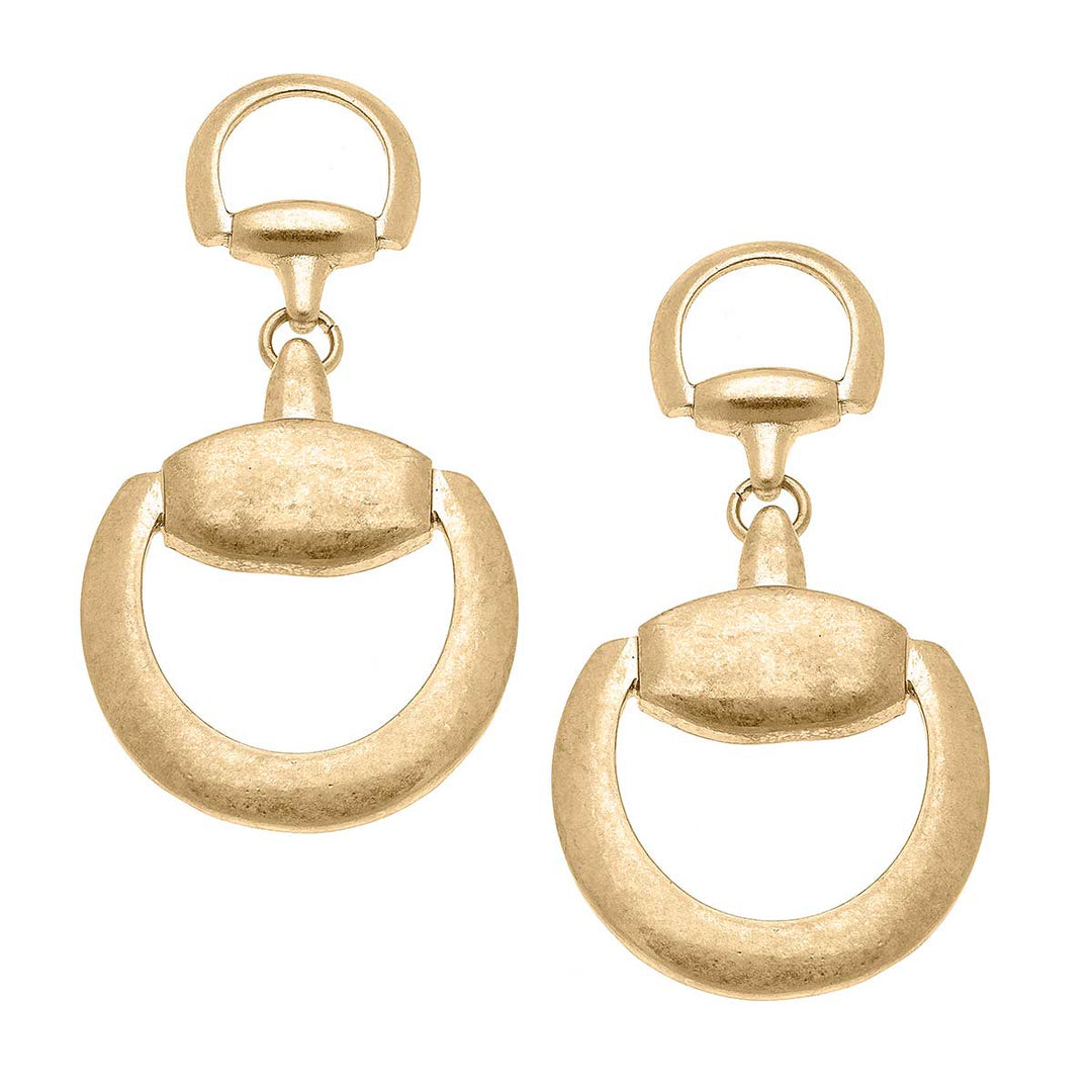 Laurel Horsebit Statement Earrings in Worn Gold