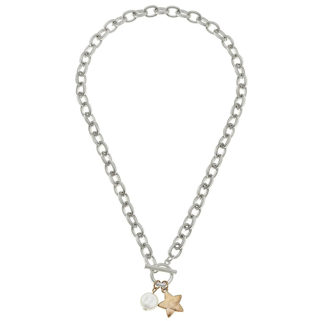 Claudia Star Charm T-Bar Necklace in Worn Silver