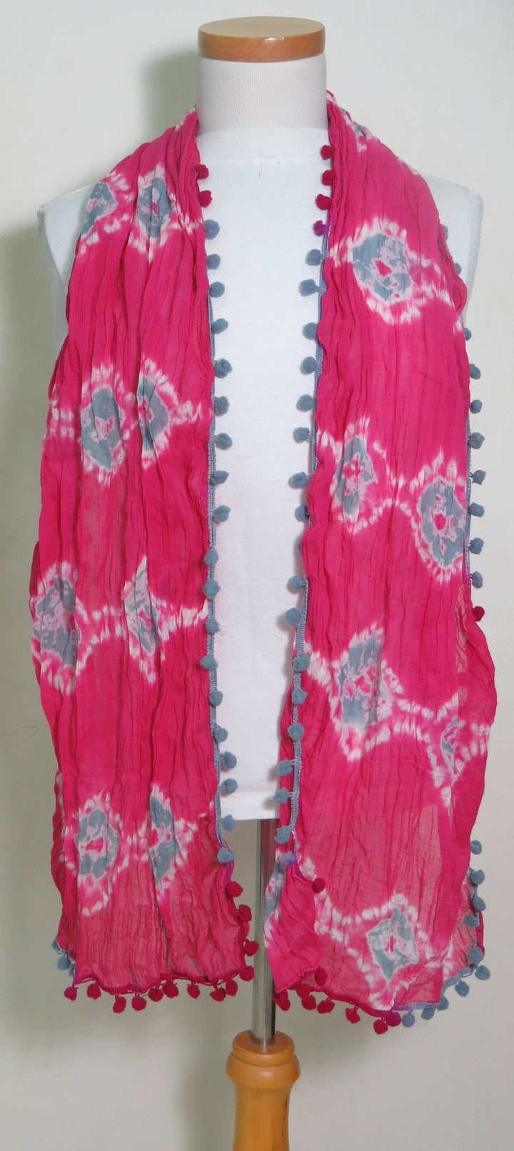 Hand Tie dye 100% Cotton Scarf pom pom edge  pink grey
