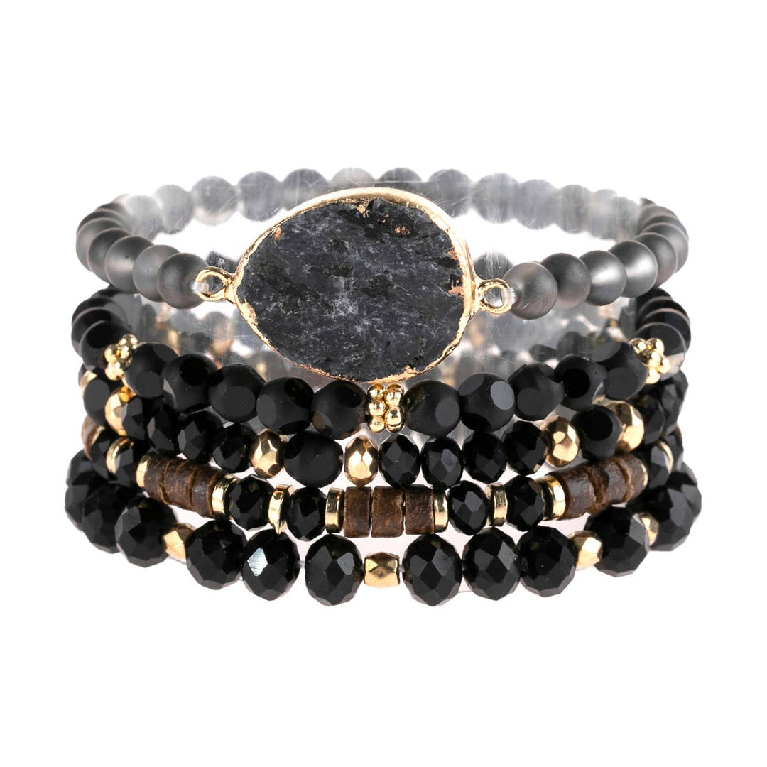 NATURAL STONE CHARM MIXED BRACELETS: BLACK