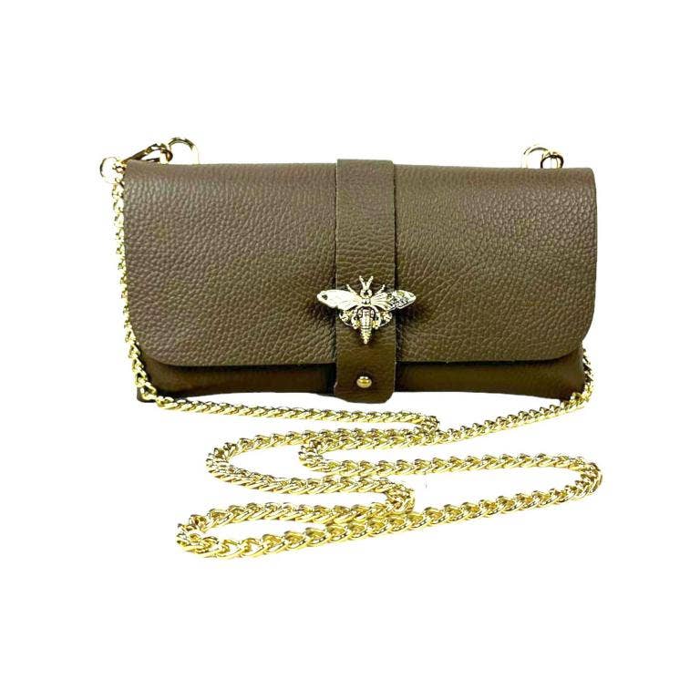 Grain Leather Bag with Dragonfly Clasp: Dark Taupe