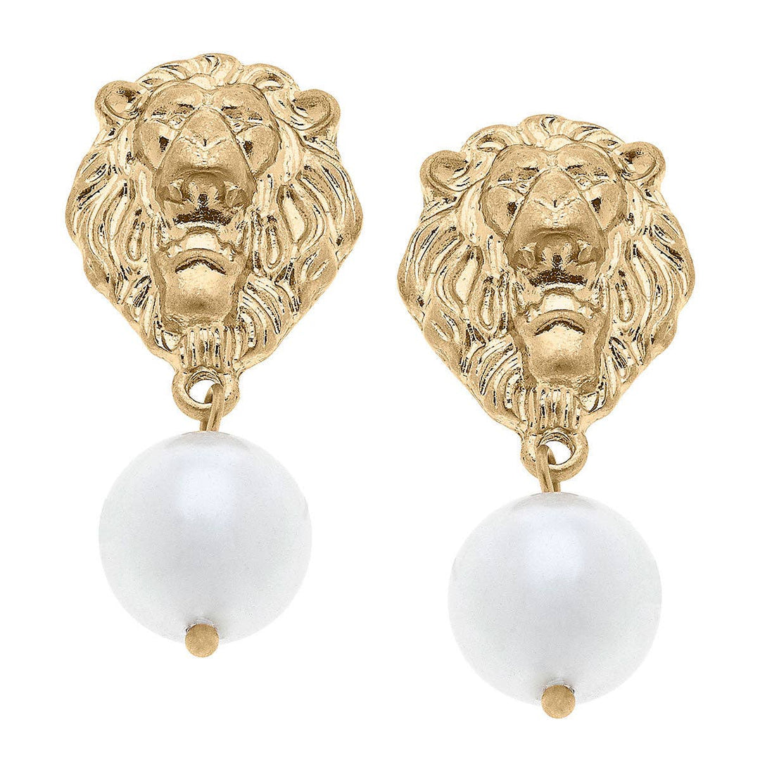 Gloria Lion Head & Pearl Drop Earrings in Worn Gold