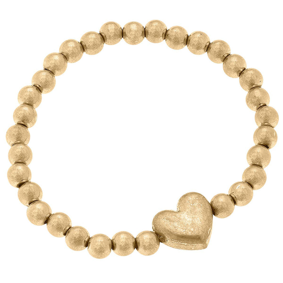 Lyla Puffy Heart & Ball Bead Stretch Bracelet in Worn Gold
