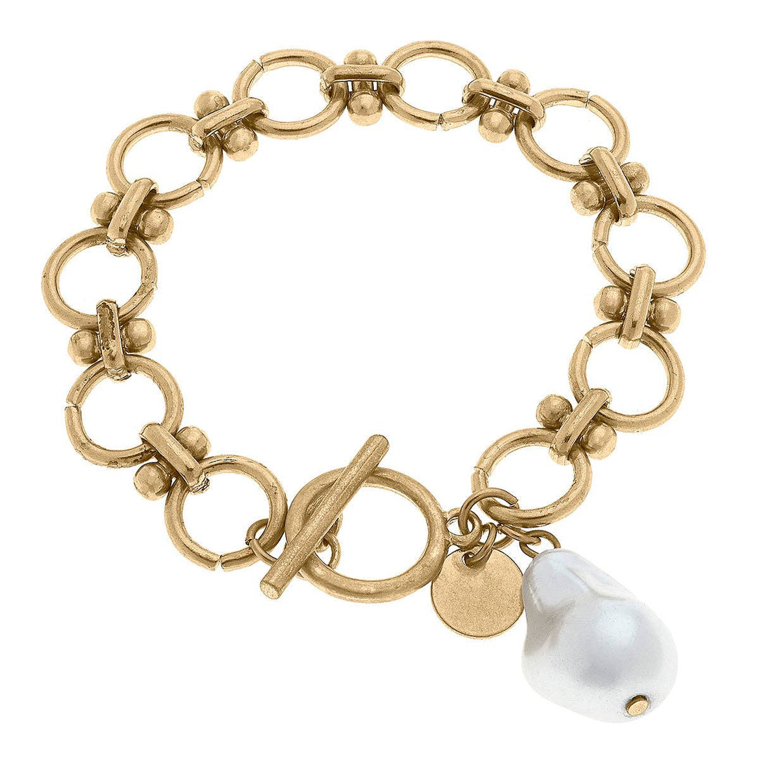 CANVAS Style - Marissa Baroque Pearl & Lux Chain Link T-Bar Bracelet in Worn Gold