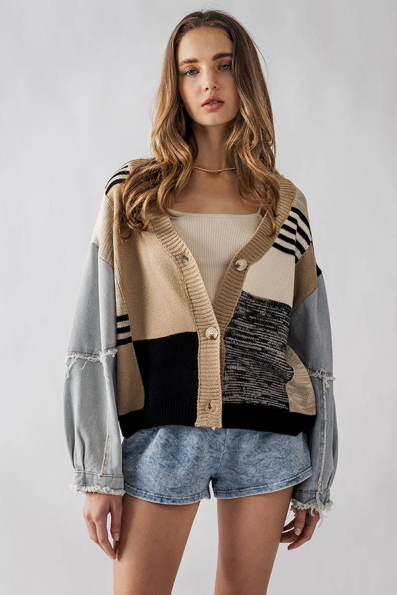 Fashion Week - PATCHWORK DENIM SLEEVE SWEATER CARDIGAN