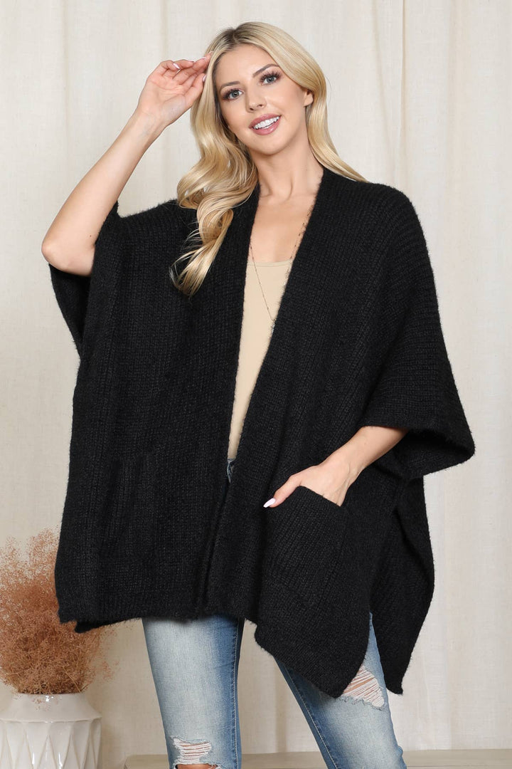 KNIT SOLID WITH POCKET KIMONO: Black